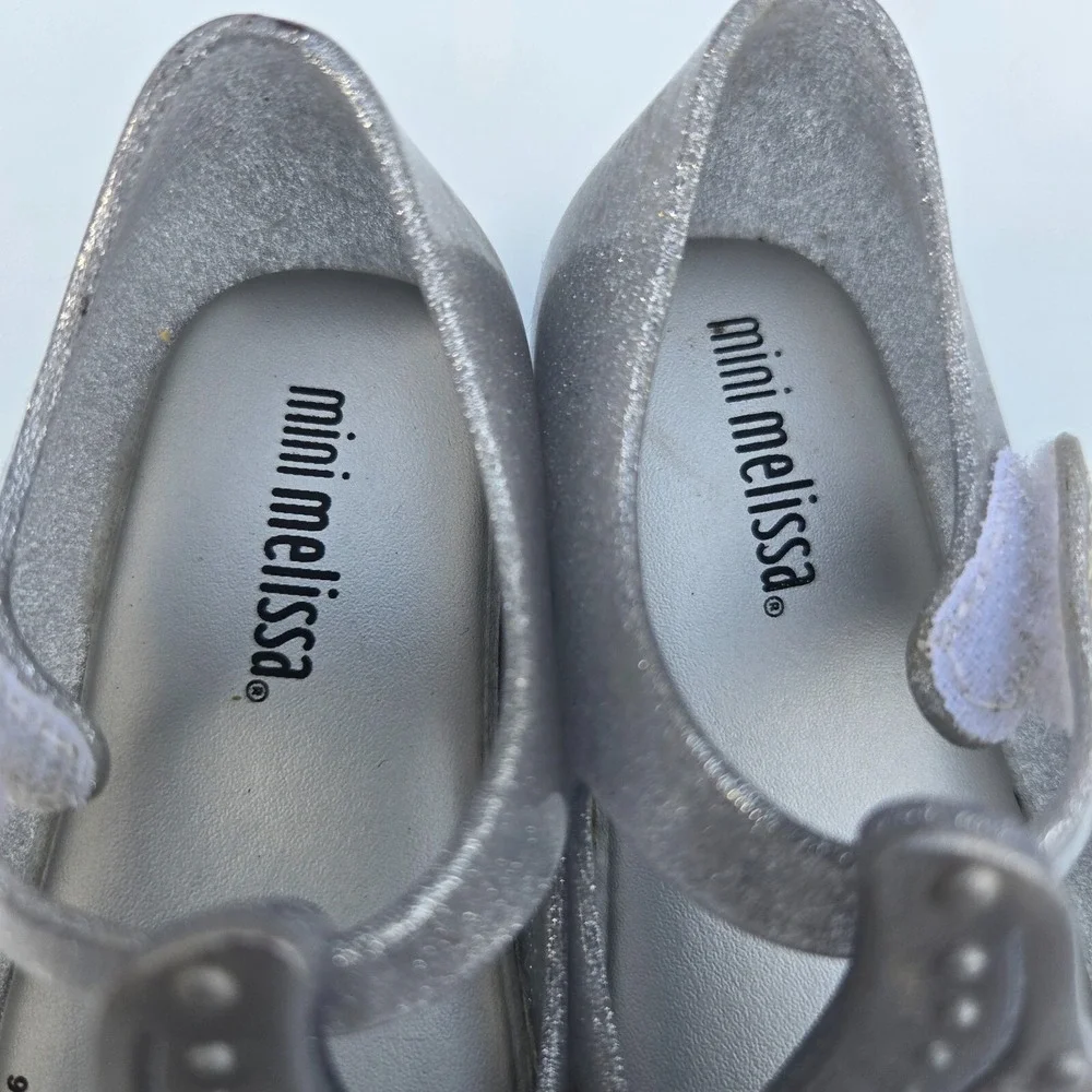 Mini Melissa Toddler Silver Gray Sparkle butterfly Bow‎ Girls Shoes Size 6c